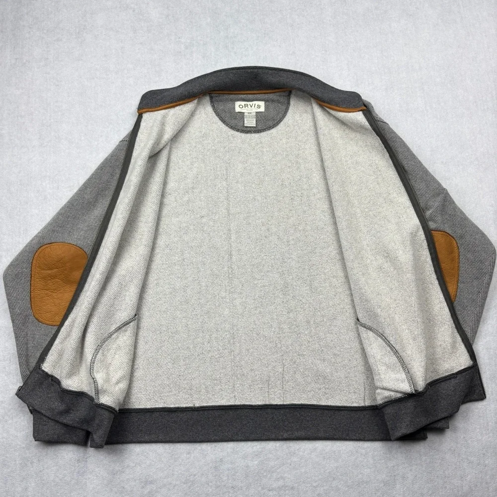 Orvis Mens Heavyweight Full Zip Jacket Sweatshirt Leather Elbow Patches Gray XXL